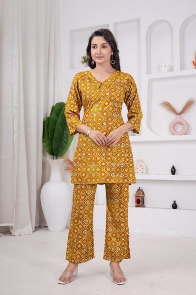 Yellow Rayon Viscose Co Ord Set with Printed Design for Office Wear CO ORD Sets