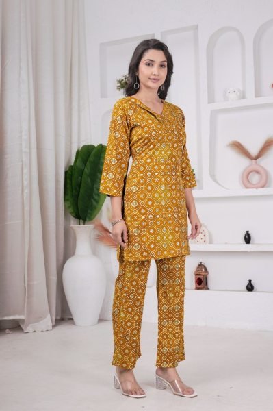 Yellow Rayon Viscose Co Ord Set with Printed Design for Office Wear CO ORD Sets