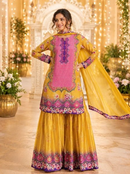 Yellow Real Crepe Silk Gharara Suit with Mirror Work Embroidered Top and Dupatta Salwar Kameez