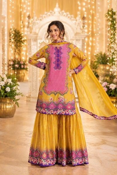 Yellow Real Crepe Silk Gharara Suit with Mirror Work Embroidered Top and Dupatta Designer Plazzo Salwar Suits Wholesale
