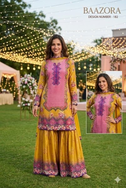 Yellow Real Crepe Silk Gharara Suit with Mirror Work Embroidered Top and Dupatta Designer Plazzo Salwar Suits Wholesale