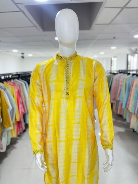 Yellow Royal Silk Kurta Pajama with Mirror Neck Design Perfect for Festive Functions  Kurta Pajama Wholesale