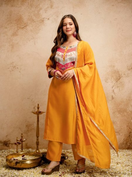 Yellow Silk Blend Salwar Suit with Floral Yoke Embroidery and Straight Cut Trousers Kurtis