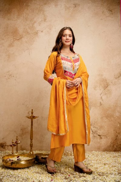 Yellow Silk Blend Salwar Suit with Floral Yoke Embroidery and Straight Cut Trousers Anarkali Kurtis 