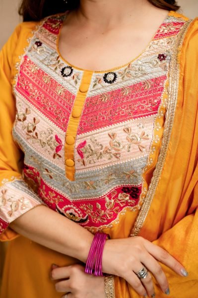 Yellow Silk Blend Salwar Suit with Floral Yoke Embroidery and Straight Cut Trousers Anarkali Kurtis 