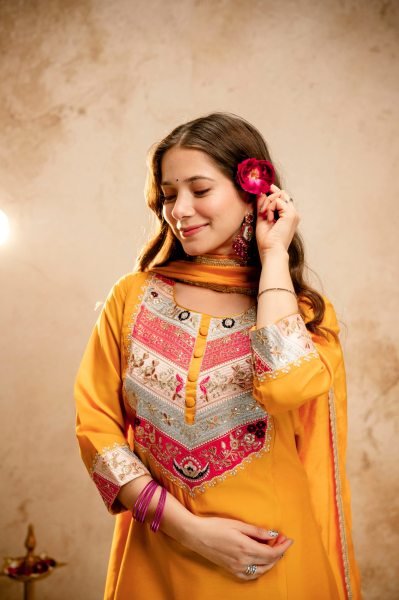 Yellow Silk Blend Salwar Suit with Floral Yoke Embroidery and Straight Cut Trousers Anarkali Kurtis 