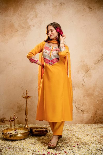 Yellow Silk Blend Salwar Suit with Floral Yoke Embroidery and Straight Cut Trousers Anarkali Kurtis 