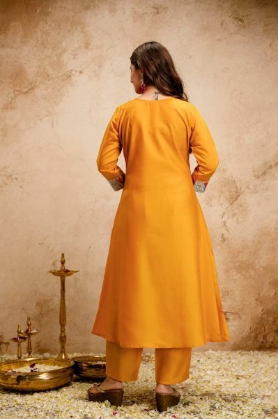 Yellow Silk Blend Salwar Suit with Floral Yoke Embroidery and Straight Cut Trousers Anarkali Kurtis 