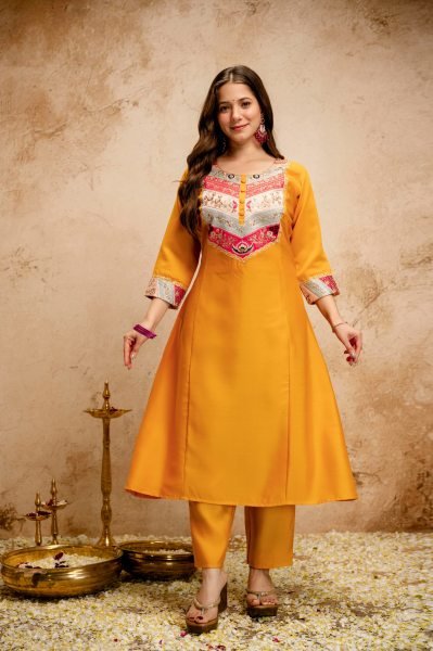 Yellow Silk Blend Salwar Suit with Floral Yoke Embroidery and Straight Cut Trousers Anarkali Kurtis 