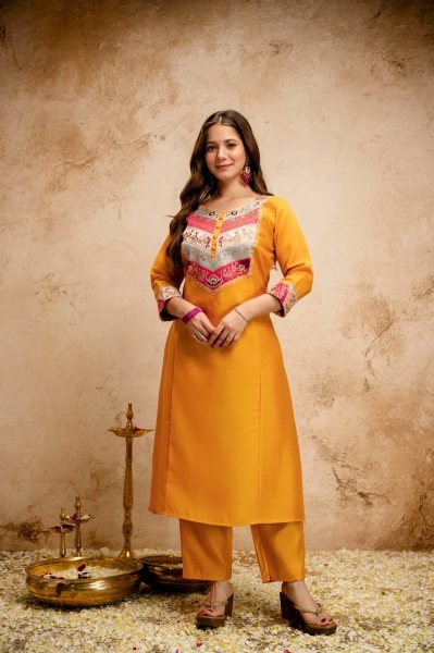 Yellow Silk Blend Salwar Suit with Floral Yoke Embroidery and Straight Cut Trousers Anarkali Kurtis 