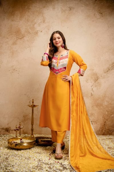 Yellow Silk Blend Salwar Suit with Floral Yoke Embroidery and Straight Cut Trousers Anarkali Kurtis 