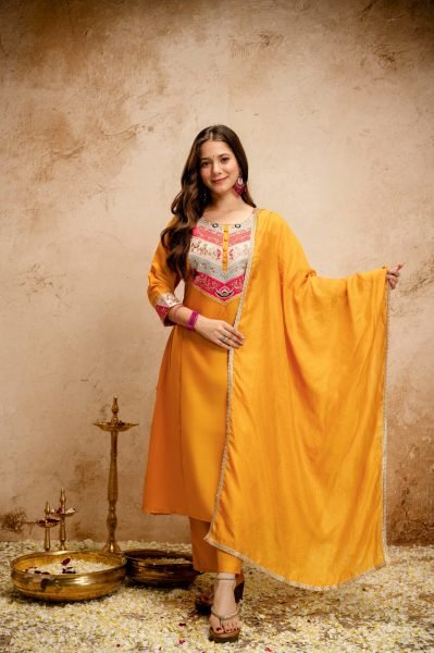 Yellow Silk Blend Salwar Suit with Floral Yoke Embroidery and Straight Cut Trousers Anarkali Kurtis 