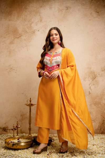 Yellow Silk Blend Salwar Suit with Floral Yoke Embroidery and Straight Cut Trousers Anarkali Kurtis 