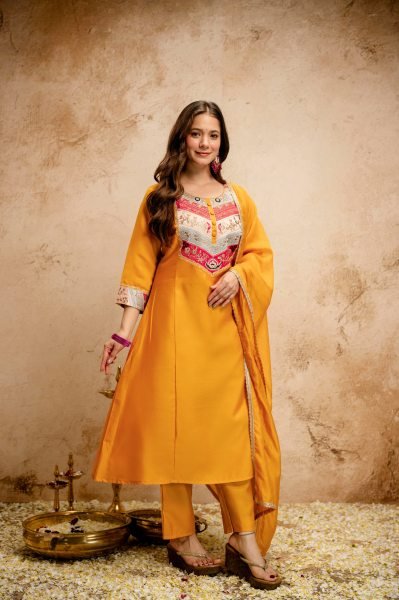 Yellow Silk Blend Salwar Suit with Floral Yoke Embroidery and Straight Cut Trousers Anarkali Kurtis 