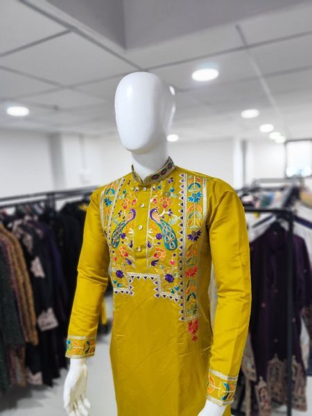 Yellow Silk Kurta Pajama with Rich Embroidery Ideal Haldi Function Outfit Kurta Pajama Wholesale
