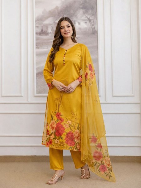 Yellow Soft Aasam Kurti Set with Digital Print Dupatta for Office Wear at Wholesale Price Kurtis