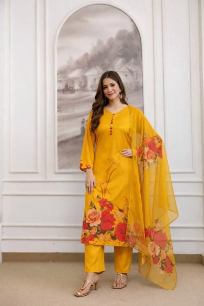 Yellow Soft Aasam Kurti Set with Digital Print Dupatta for Office Wear at Wholesale Price 3 Piece Kurti Set