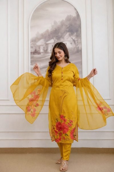 Yellow Soft Aasam Kurti Set with Digital Print Dupatta for Office Wear at Wholesale Price 3 Piece Kurti Set