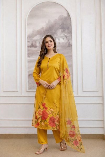 Yellow Soft Aasam Kurti Set with Digital Print Dupatta for Office Wear at Wholesale Price 3 Piece Kurti Set