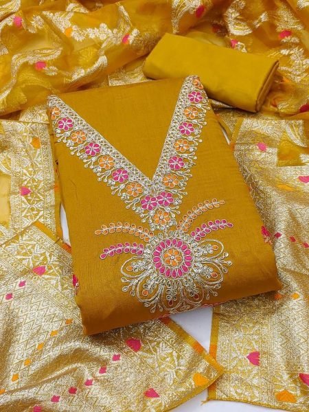 Yellow Vichitra Silk Dress Material with Sequence Embroidery Wholesale Collection 