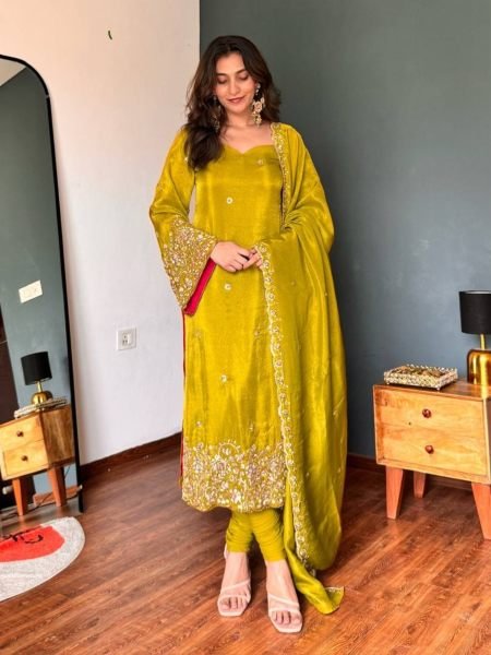 Yellow Viscous Roman Glass Kurti Chudidar Dupatta Set with Semi-Beads Work at Manufacturer  