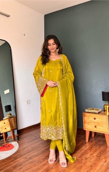 Yellow Viscous Roman Glass Kurti Chudidar Dupatta Set with Semi-Beads Work at Manufacturer  Ready To Wear Collection