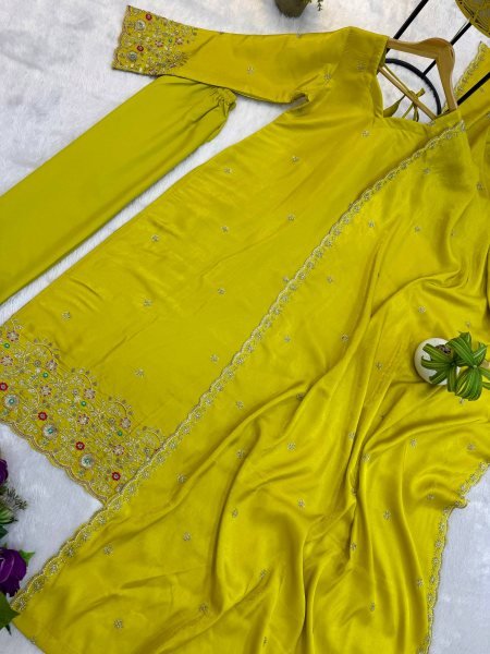 Yellow Viscous Roman Glass Kurti Chudidar Dupatta Set with Semi-Beads Work at Manufacturer  Ready To Wear Collection