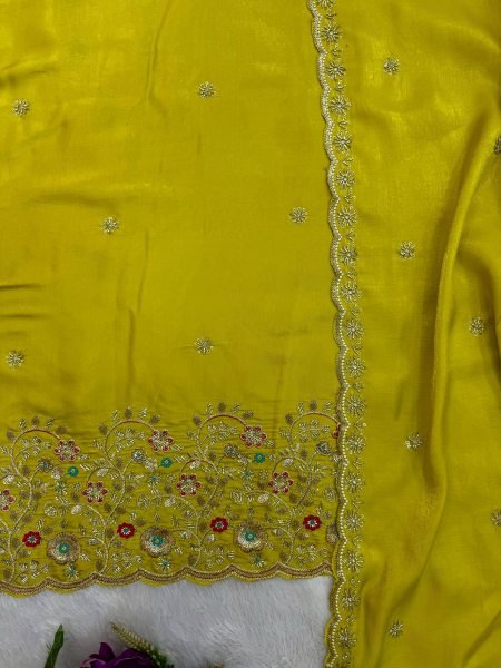 Yellow Viscous Roman Glass Kurti Chudidar Dupatta Set with Semi-Beads Work at Manufacturer  Ready To Wear Collection