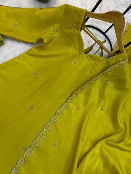 Yellow Viscous Roman Glass Kurti Chudidar Dupatta Set with Semi-Beads Work at Manufacturer  Ready To Wear Collection