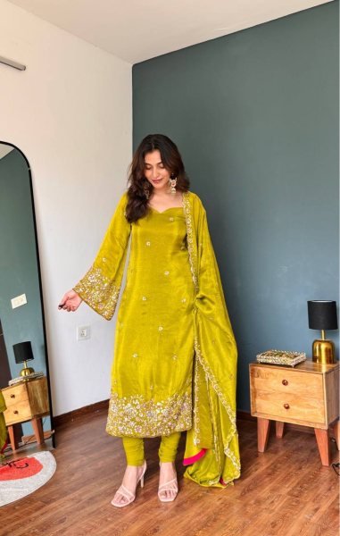 Yellow Viscous Roman Glass Kurti Chudidar Dupatta Set with Semi-Beads Work at Manufacturer  Ready To Wear Collection