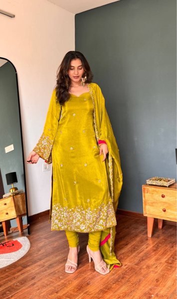 Yellow Viscous Roman Glass Kurti Chudidar Dupatta Set with Semi-Beads Work at Manufacturer  Ready To Wear Collection