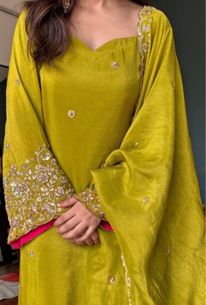 Yellow Viscous Roman Glass Kurti Chudidar Dupatta Set with Semi-Beads Work at Manufacturer  Ready To Wear Collection
