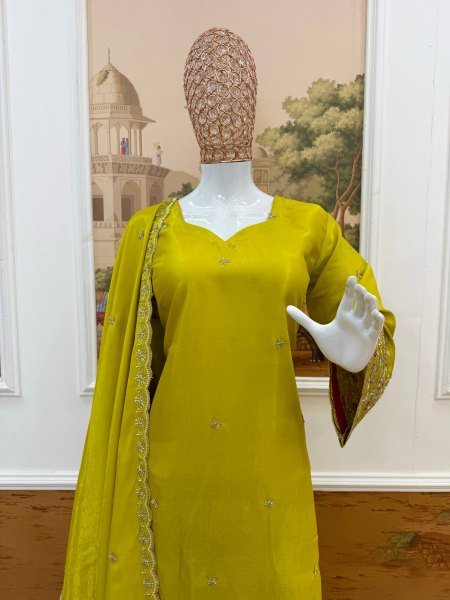 Yellow Viscous Roman Glass Kurti Chudidar Dupatta Set with Semi-Beads Work at Manufacturer  Ready To Wear Collection