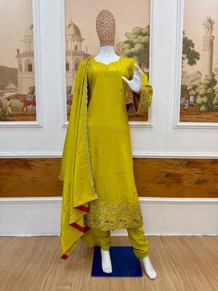 Yellow Viscous Roman Glass Kurti Chudidar Dupatta Set with Semi-Beads Work at Manufacturer  Ready To Wear Collection
