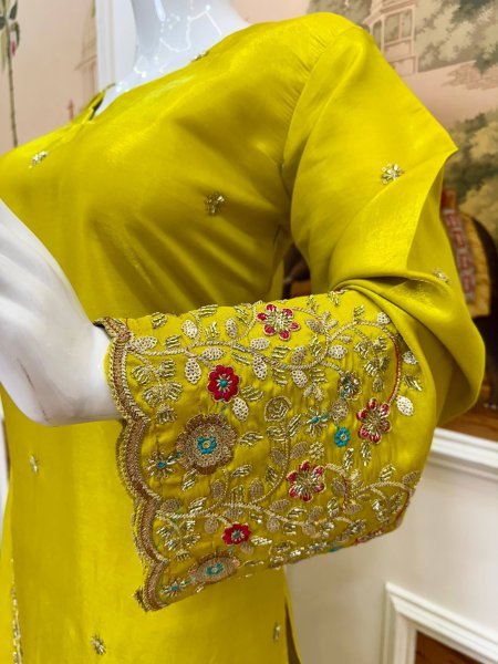 Yellow Viscous Roman Glass Kurti Chudidar Dupatta Set with Semi-Beads Work at Manufacturer  Ready To Wear Collection