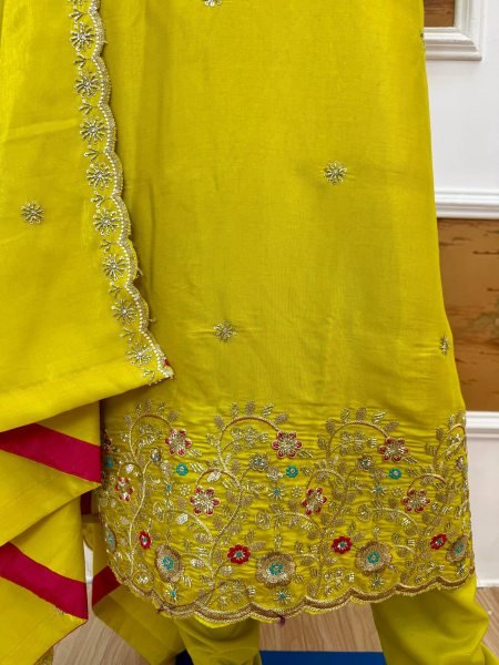 Yellow Viscous Roman Glass Kurti Chudidar Dupatta Set with Semi-Beads Work at Manufacturer  Ready To Wear Collection