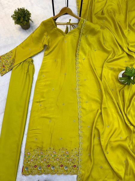 Yellow Viscous Roman Glass Kurti Chudidar Dupatta Set with Semi-Beads Work at Manufacturer  Ready To Wear Collection