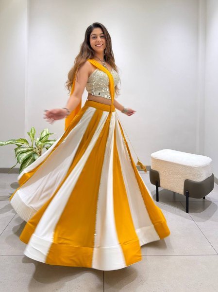 Yellow White Designer Navratri Rayon Lehenga with Real Mirror Work Blouse Navratri Lehnega Choli