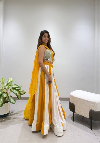 Yellow White Designer Navratri Rayon Lehenga with Real Mirror Work Blouse Navratri Lehnega Choli