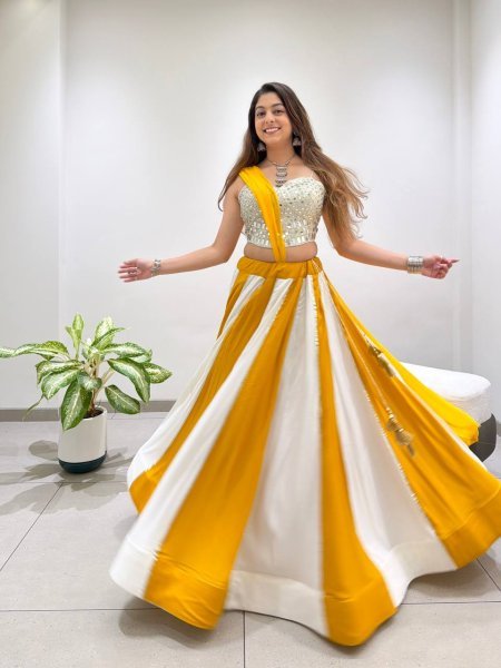 Yellow White Designer Navratri Rayon Lehenga with Real Mirror Work Blouse Navratri Lehnega Choli