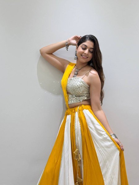 Yellow White Designer Navratri Rayon Lehenga with Real Mirror Work Blouse Navratri Lehnega Choli