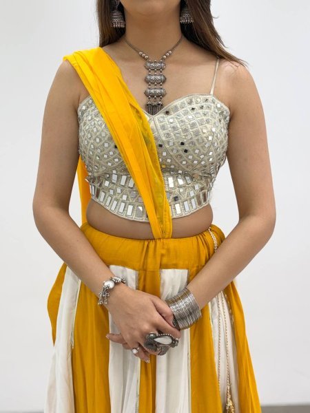 Yellow White Designer Navratri Rayon Lehenga with Real Mirror Work Blouse Navratri Lehnega Choli