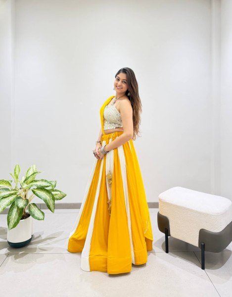 Yellow White Designer Navratri Rayon Lehenga with Real Mirror Work Blouse Navratri Lehnega Choli