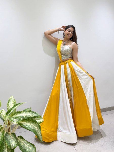 Yellow White Designer Navratri Rayon Lehenga with Real Mirror Work Blouse Navratri Lehnega Choli
