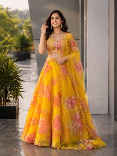 Yellow Women s Pure Organza Lehenga Choli with Digital Print and Designer Batwa 