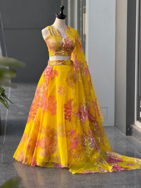 Yellow Women s Pure Organza Lehenga Choli with Digital Print and Designer Batwa Designer Lehenga Choli