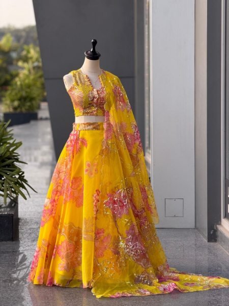 Yellow Women s Pure Organza Lehenga Choli with Digital Print and Designer Batwa Designer Lehenga Choli