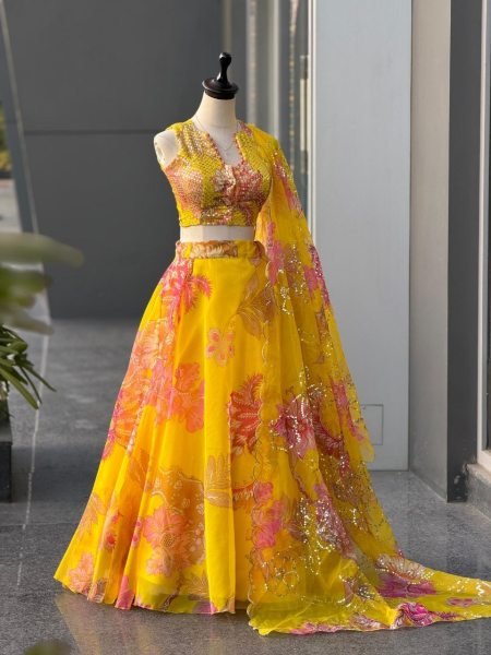 Yellow Women s Pure Organza Lehenga Choli with Digital Print and Designer Batwa Designer Lehenga Choli