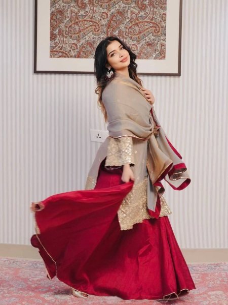 Zari Muse Maroon Flared Lehenga with Golden Embroidered Cape Dupatta Set Ready To Wear Suit