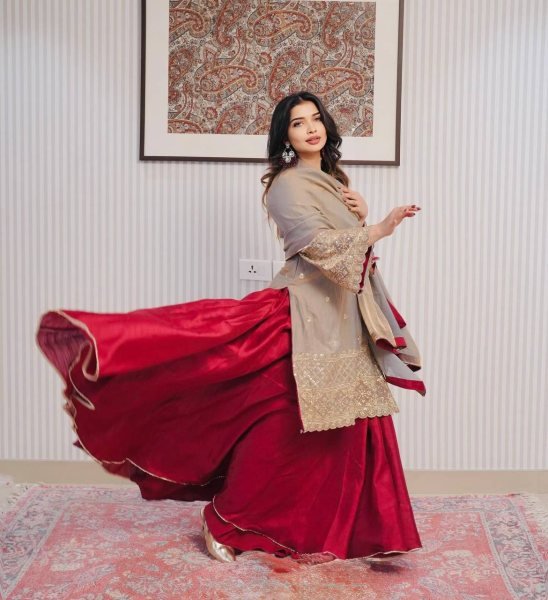 Zari Muse Maroon Flared Lehenga with Golden Embroidered Cape Dupatta Set Ready To Wear Collection